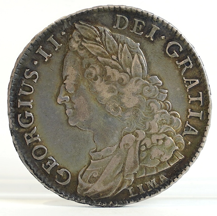 British silver coins, George II (1727-1759), halfcrown, 1745 D.NONO (S3695), Lima below die axis, VF